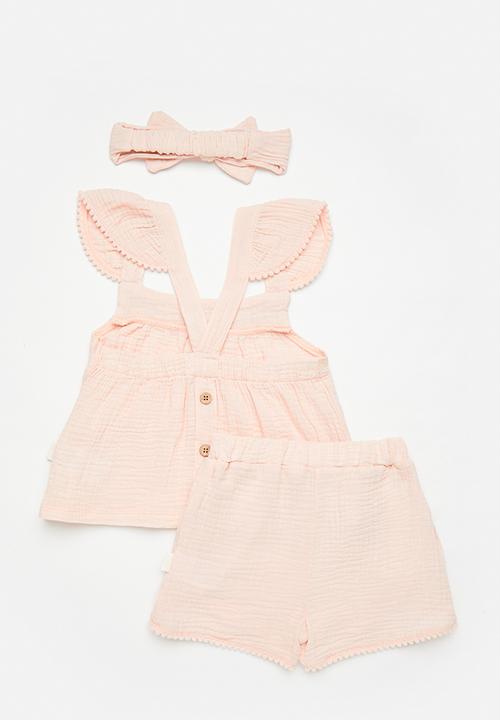 Pop Candy - Apron dress & short set with bow headband - dusty pink