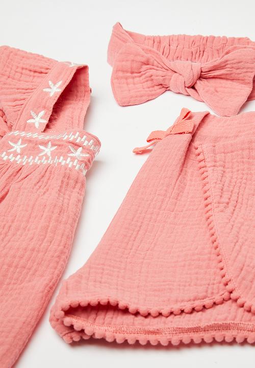Pop Candy - Apron dress & short set with bow headband - watermelon pink