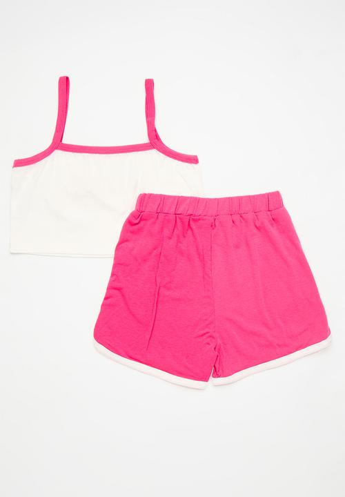 Pop Candy - Camisole & curved hem shorts set - white & deep pink