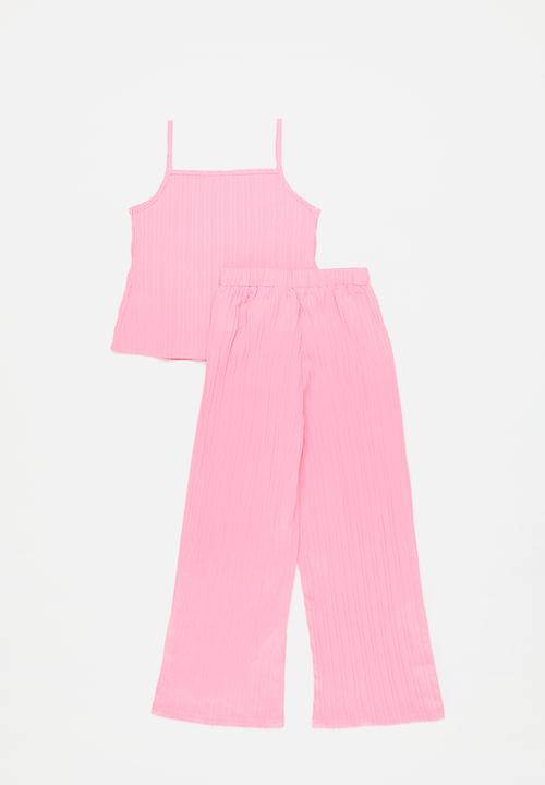 Pop Candy - Shirred peplum top & wide leg pants set - flamingo pink