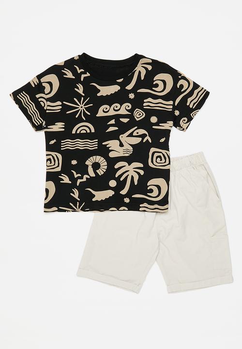 Pop Candy - Sea theme printed tee & plain shorts - black/ivory