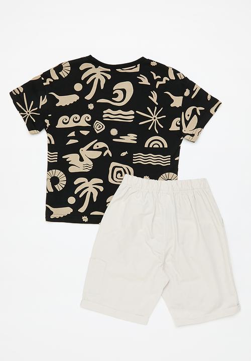 Pop Candy - Sea theme printed tee & plain shorts - black/ivory
