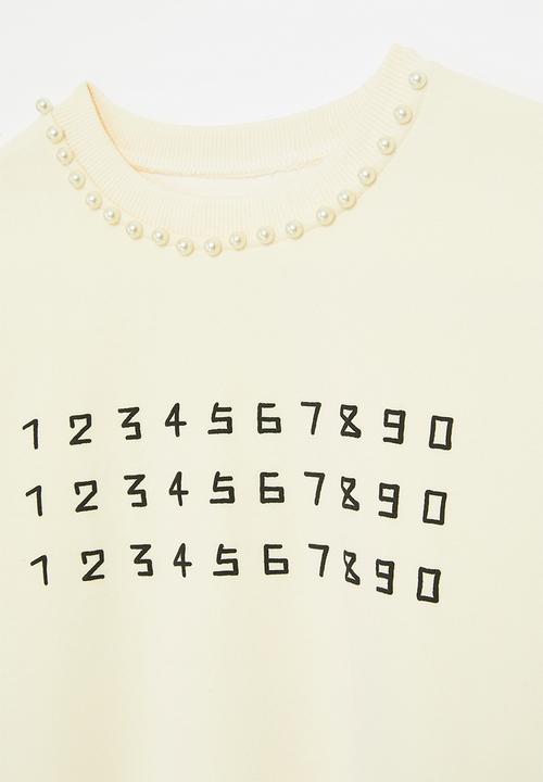 Pop Candy - Pearl beaded neckline sweatshirt - cream