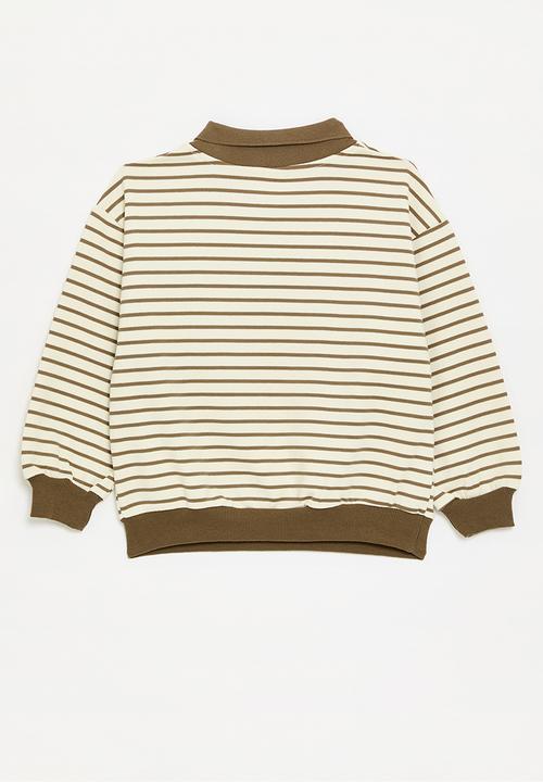 Pop Candy - Striped collared sweat top - ecru & brown