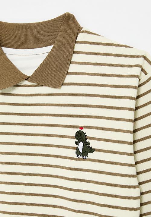 Pop Candy - Striped collared sweat top - ecru & brown