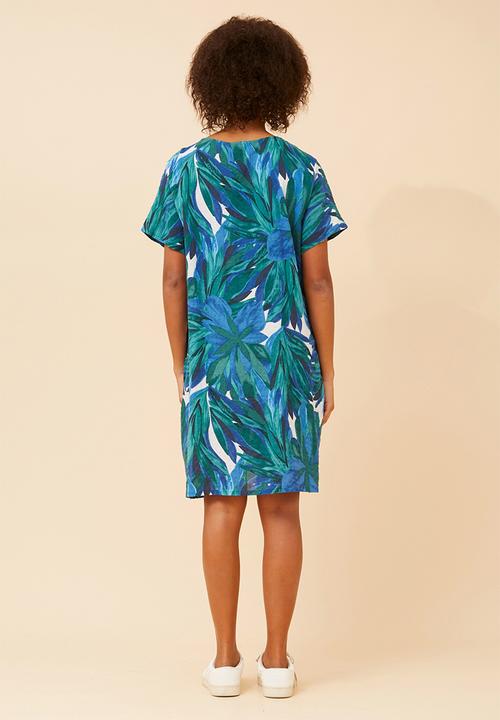 Stella Morgan - S/S Crew Neck Easy Wearing Lightweight Pocket Front Midi Dress - Multi Green And Blue