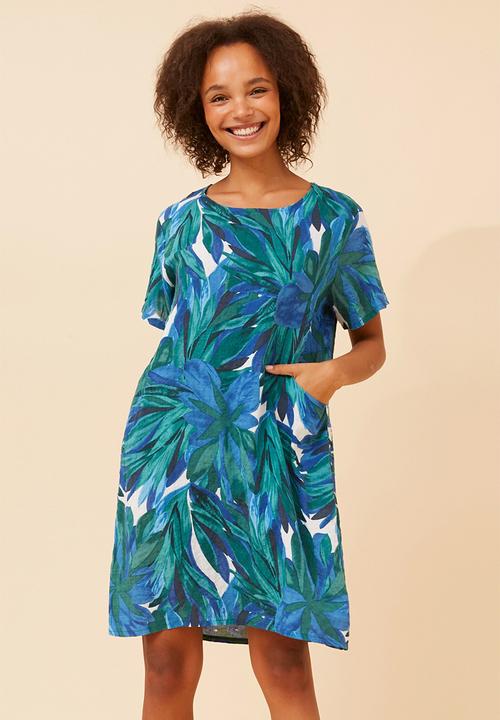 Stella Morgan - S/S Crew Neck Easy Wearing Lightweight Pocket Front Midi Dress - Multi Green And Blue