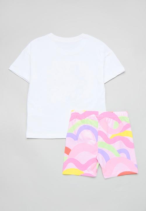 Pop Candy - Smiling sun graphic tee with cycling shorts - white/pink/multi