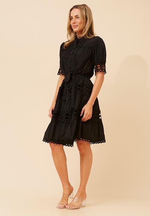 Stella Morgan - Lace button through s/s midi dress with mandarin scallop lace detail - black