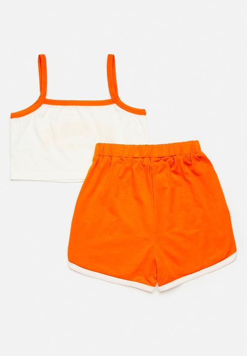 Pop Candy - Camisole & curved hem shorts set - white/orange