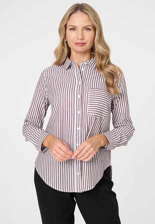 Stella Morgan - L/S Collared Button Through Stripe Shirt With Pocket - Chocolate