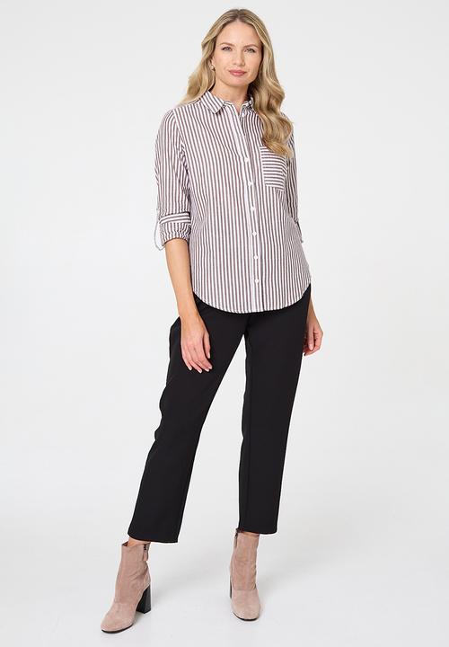 Stella Morgan - L/S Collared Button Through Stripe Shirt With Pocket - Chocolate