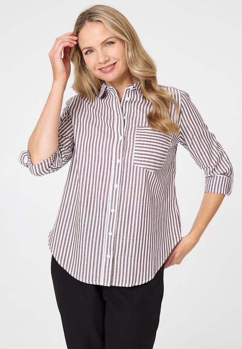 Stella Morgan - L/S Collared Button Through Stripe Shirt With Pocket - Chocolate