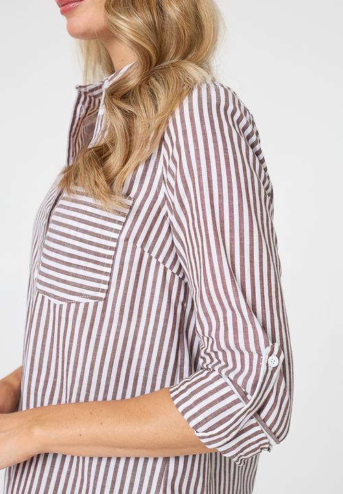Stella Morgan - L/S Collared Button Through Stripe Shirt With Pocket - Chocolate