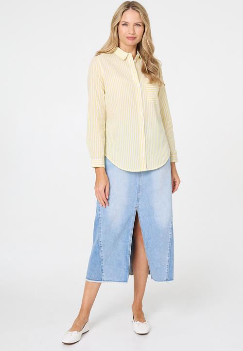 Stella Morgan - L/S Collared Button Through Stripe Shirt With Pocket - Lemon Sorbet