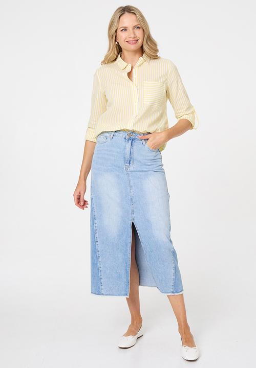 Stella Morgan - L/S Collared Button Through Stripe Shirt With Pocket - Lemon Sorbet