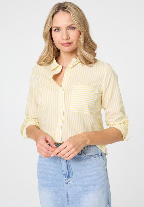 Stella Morgan - L/S Collared Button Through Stripe Shirt With Pocket - Lemon Sorbet