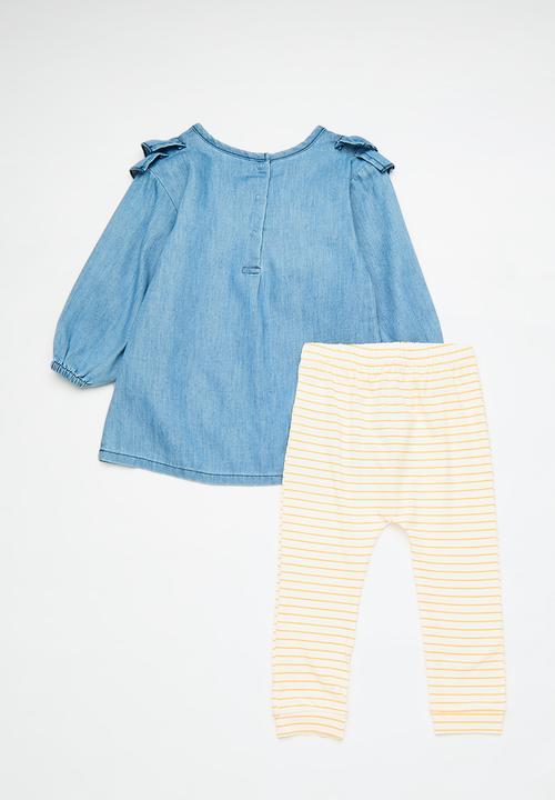 Pop Candy - Embroidered chambray denim blouse with leggings - blue/cream