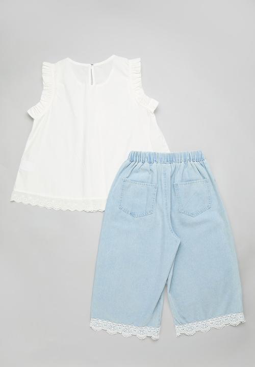 Pop Candy - Lace tee & baggy jean set - white/blue