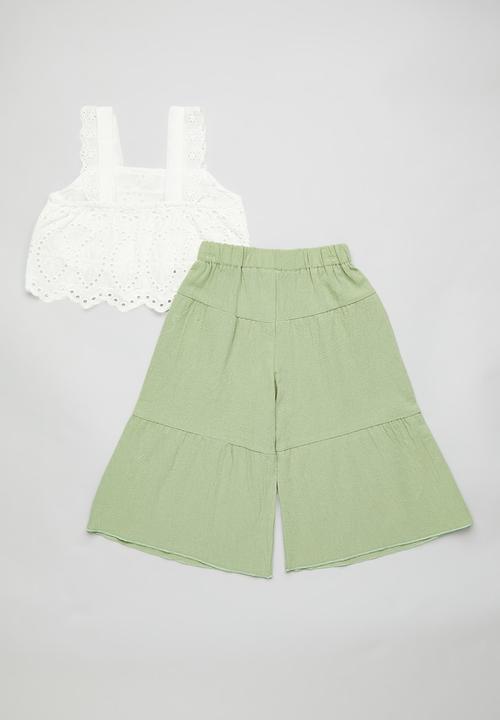 Pop Candy - Sleeveless anglaise top & gathered pants set - white/green