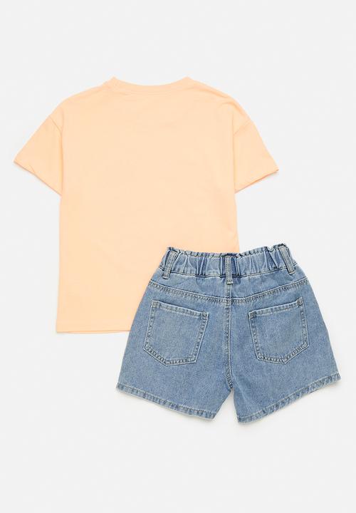 Pop Candy - Tee & denim shorts set - orange & blue