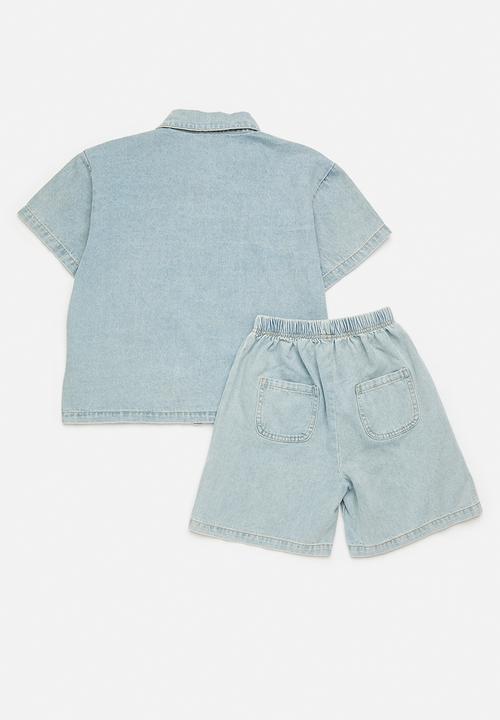 Pop Candy - Denim shirt & shorts set - light steel blue