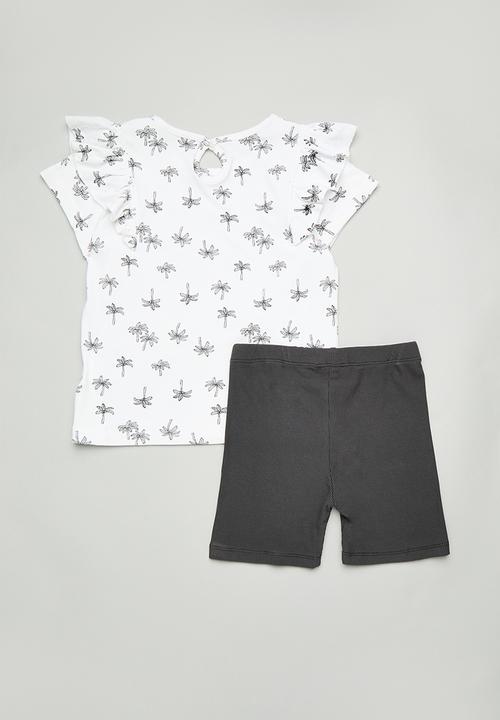 Pop Candy - Ruffle tee & cycle short set - white & grey