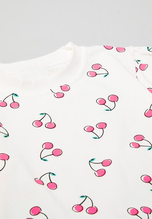 Pop Candy - Puffed sleeve top with frilled skirt set - white/cherries