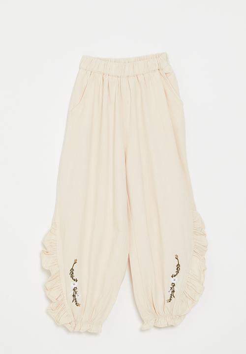 Pop Candy - Frilled balloon pants with embroidered detail - ecru