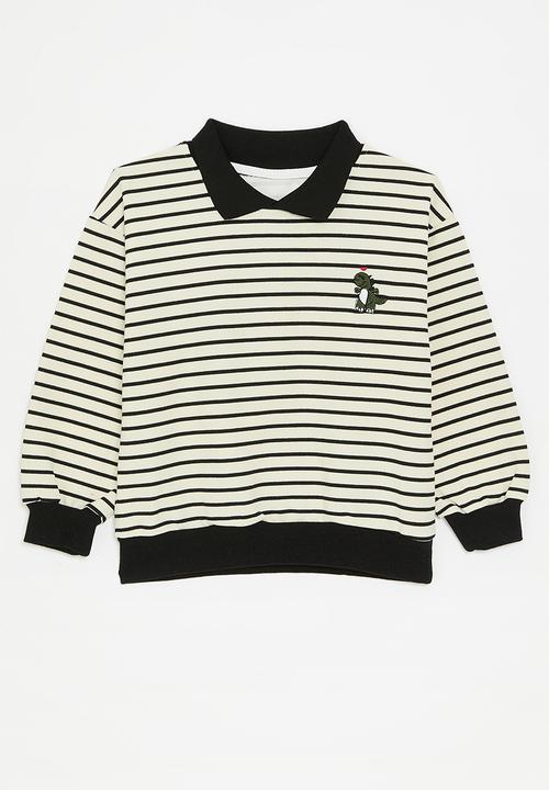 Pop Candy - Striped collared sweat top-black & white