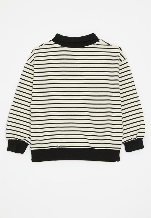Pop Candy - Striped collared sweat top-black & white