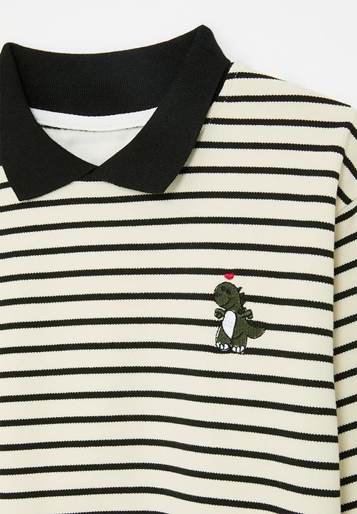 Pop Candy - Striped collared sweat top-black & white