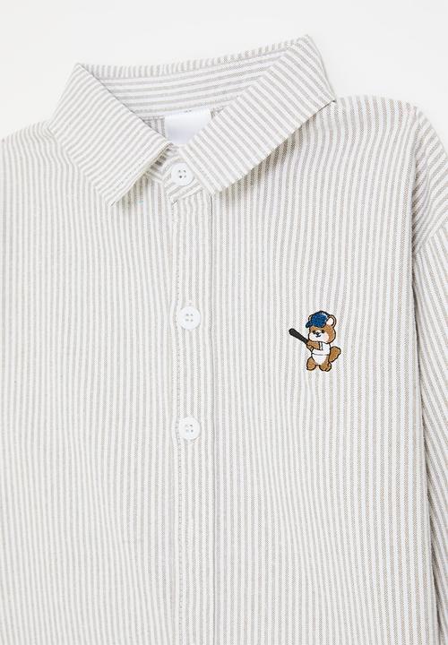 Pop Candy - Light grey striped shirt with embroidered bear - multi