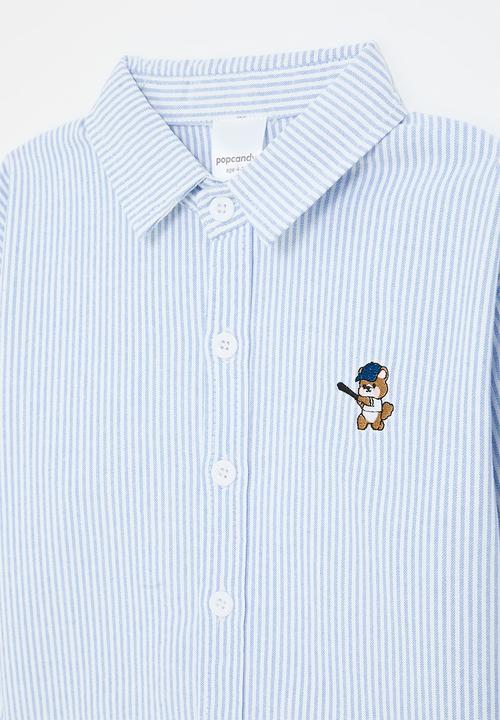 Pop Candy - Basic shirt with embroidered bear - pastel blue stripe