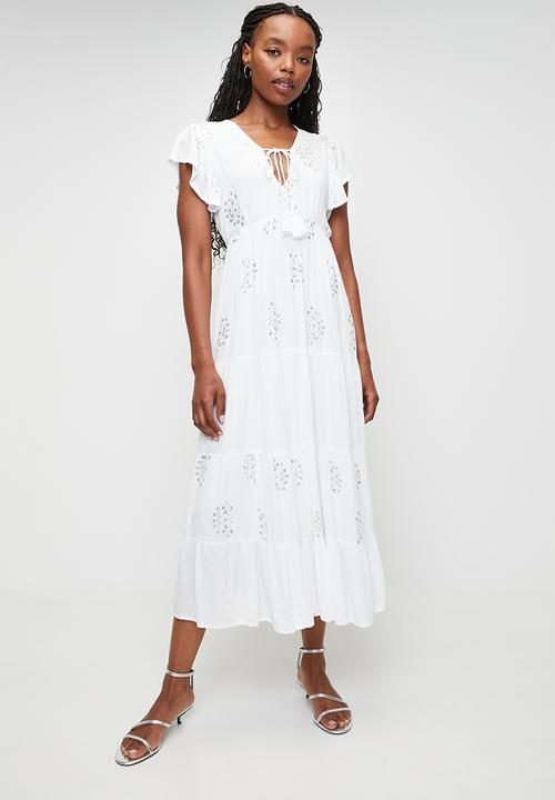 Flutter Sleeve V-Neck Maxi Dress With Multiple Tiers Gold Sequin - White