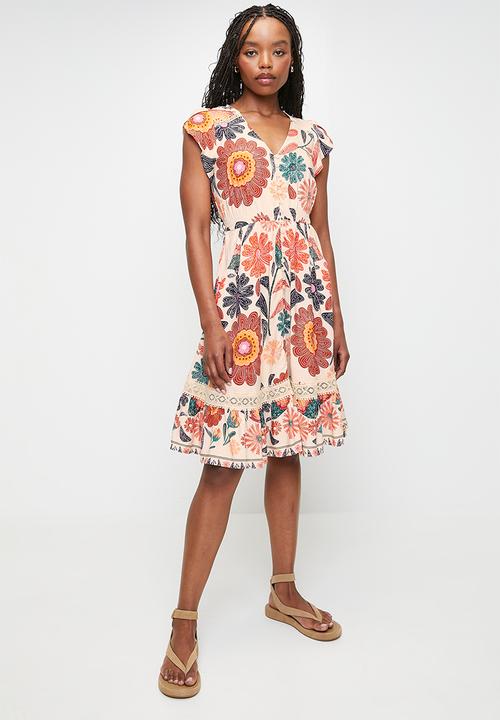 V-Neck Front Button Closure Midi Dress With Ladder Lace - Multi Orange