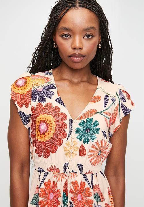 MANDI - V-Neck Front Button Closure Midi Dress With Ladder Lace - Orange