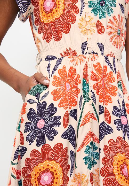 MANDI - V-Neck Front Button Closure Midi Dress With Ladder Lace - Orange