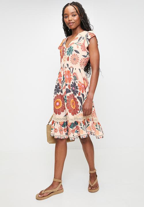 MANDI - V-Neck Front Button Closure Midi Dress With Ladder Lace - Orange