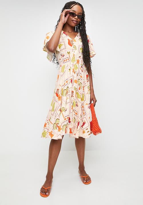 MANDI - V-Neck Flutter Sleeve Midi Dress With Buttons - Pink
