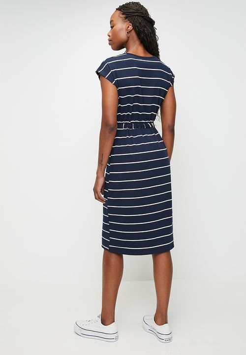 Stella Morgan - Cap Sleeve Drawcord Easy Wearing T-Shirt Midi Dress - Navy And White Stripe