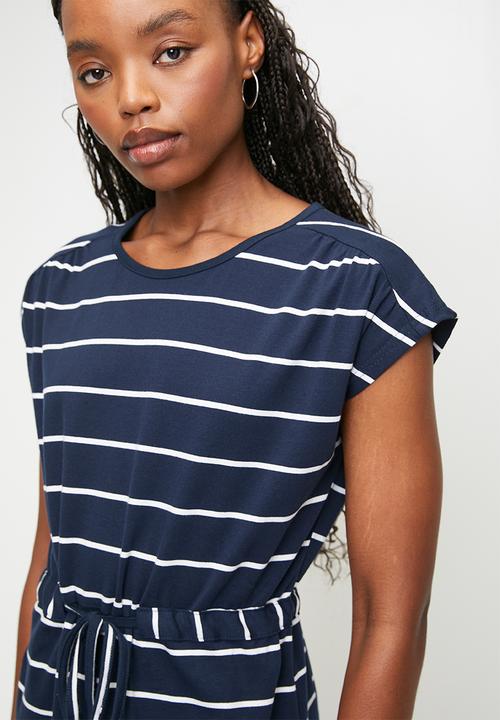 Stella Morgan - Cap Sleeve Drawcord Easy Wearing T-Shirt Midi Dress - Navy And White Stripe