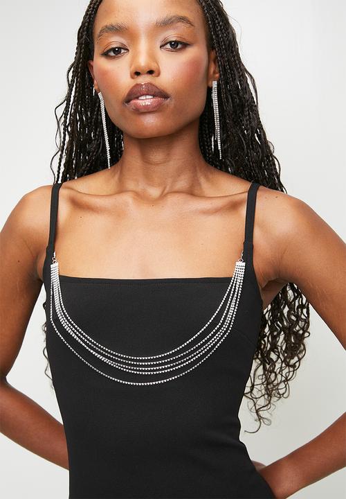 SISSY BOY - Bold Statement Maxi Dress With A Straight Neckline And Curved Slit With Diamante Trim - Black