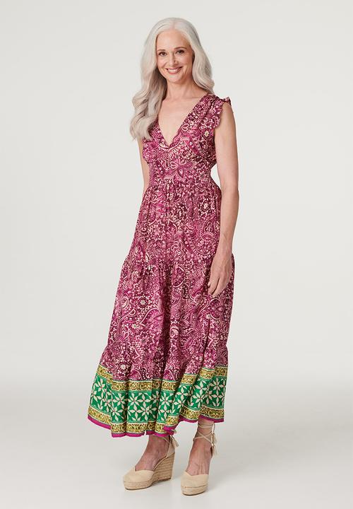 Izabel London - Cap Sleeve Flutter V-Neck Maxi Dress With Border Print At Hem - Multi