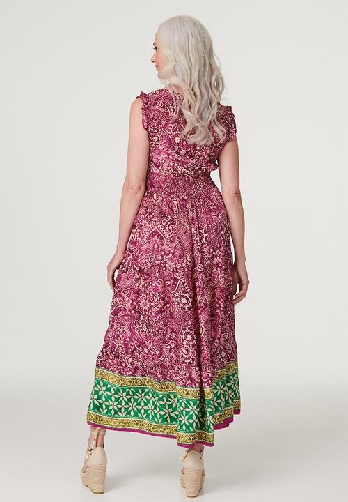 Izabel London - Cap Sleeve Flutter V-Neck Maxi Dress With Border Print At Hem - Multi