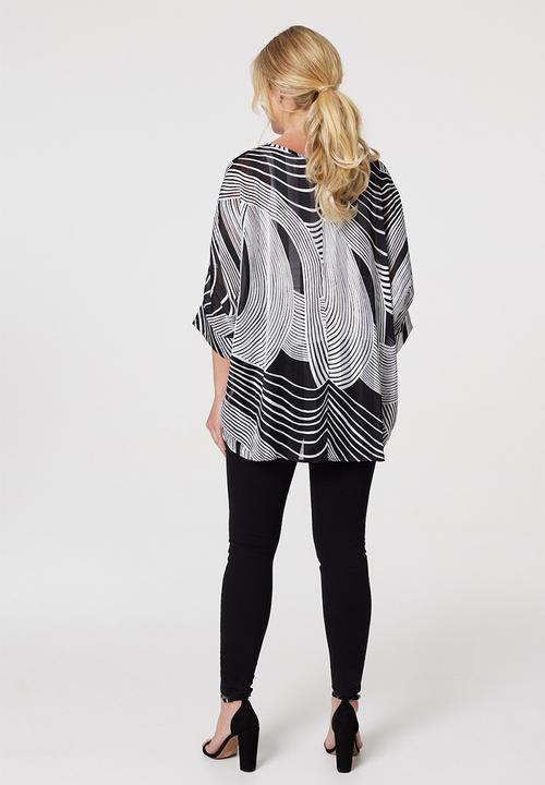Izabel London - Loose Fitting Batwing Stripe Blouse - Multi Black
