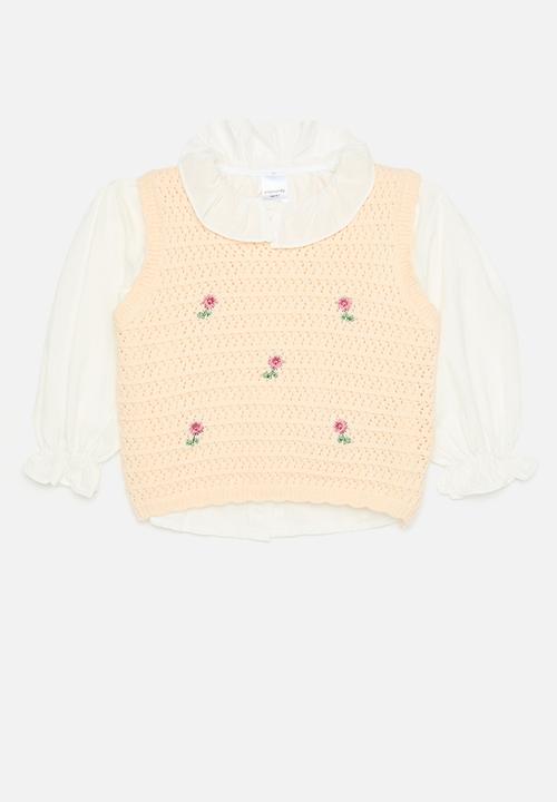 Pop Candy - Knitted floral vest with pleated collar shirt - white/neutral
