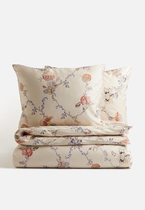 H&M - Satin double/king duvet cover set - dusty light beige/floral