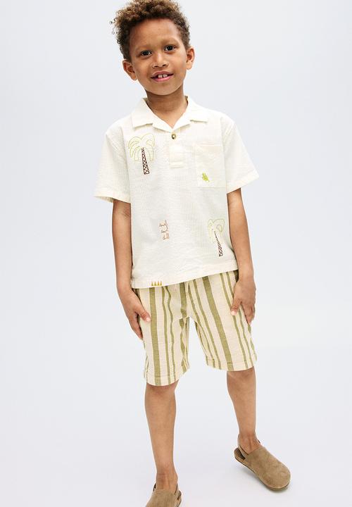 H&M - Cotton seersucker polo shirt - cream/palm trees