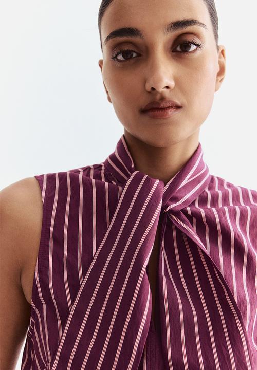 H&M - Tie-neck blouse - dark purple/striped 